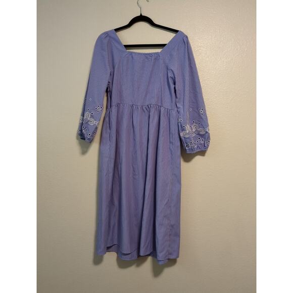 Simple Retro Indigo Embroidered Puff Sleeve Square Neck Dress Blue Purple Large - Picture 6 of 7